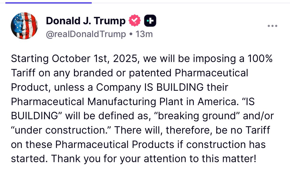 ashishrajpoot's tweet image. ट्रंप का एक और बेतुका आदेश - 
1 अक्टूबर से फ़ार्मास्यूटिकल्स प्रोडक्ट पर 100 फ़ीसदी टैरिफ़ लगाने का ऐलान किया, भारतीय फ़ार्मास्यूटिकल्स कंपनियों के लिए बड़ा झटका