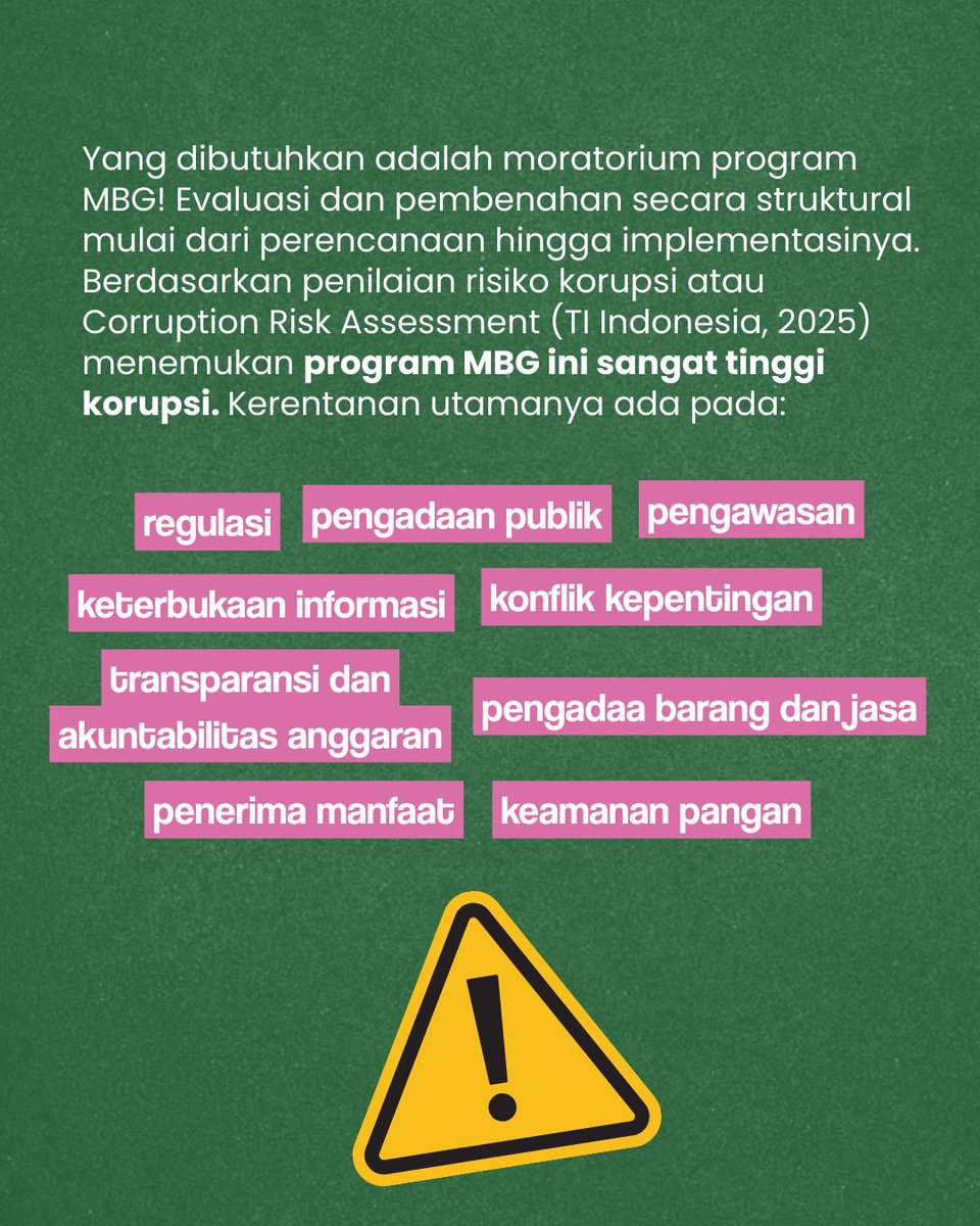 TIIndonesia's tweet photo. Sudah lebih dari 5ribu siswa/i keracunan, risiko korupsinya juga sangatlah tinggi, bukannya evaluasi besar-besaran dan hentikan MBG, eh DPR malah ketok palu untuk top up anggaran MBG. 

Program ini berbahaya bukan hanya pada kesehatan anak, tapi menghambat proses belajar mengajar, ganggu aktivitas orang tua, dan potensi kerugian negara juga gak main-main.