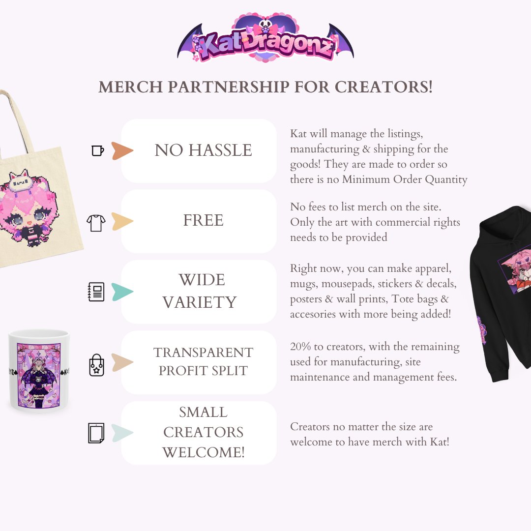 ✨ Hey VTubers! Want to drop merch without all the stress? ✨

I’m opening up partnership slots for creators who’d like to release merch. 💜

You only have to provide the art [with merch rights] and you will keep all rights to the art.

More details below ⤵️