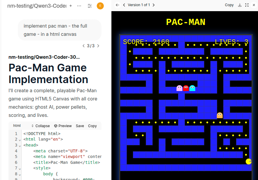 QuixiAI's tweet photo. Wow - Qwen3-Coder-30b AWQ (4bit) on a single 3090, 115 tokens per second.  It just zero-shat Pac-Man.  It's no GLM4.5-Air - but, it runs on a single 3090! https://t.co/HtczBfp924