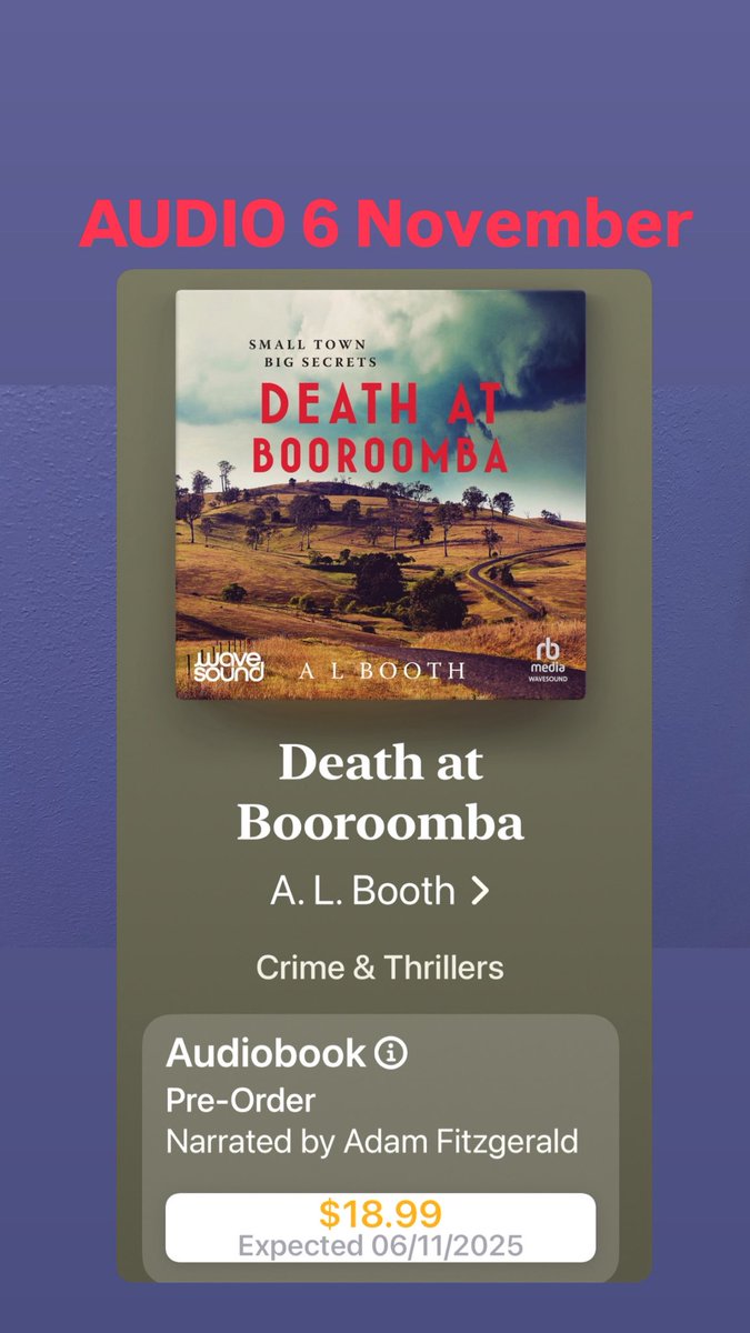 I’m thrilled that the audiobook of Death at Booroomba, produced by WaveSound, will be released 6 November in all English speaking territories. Read by Adam Fitzgerald.