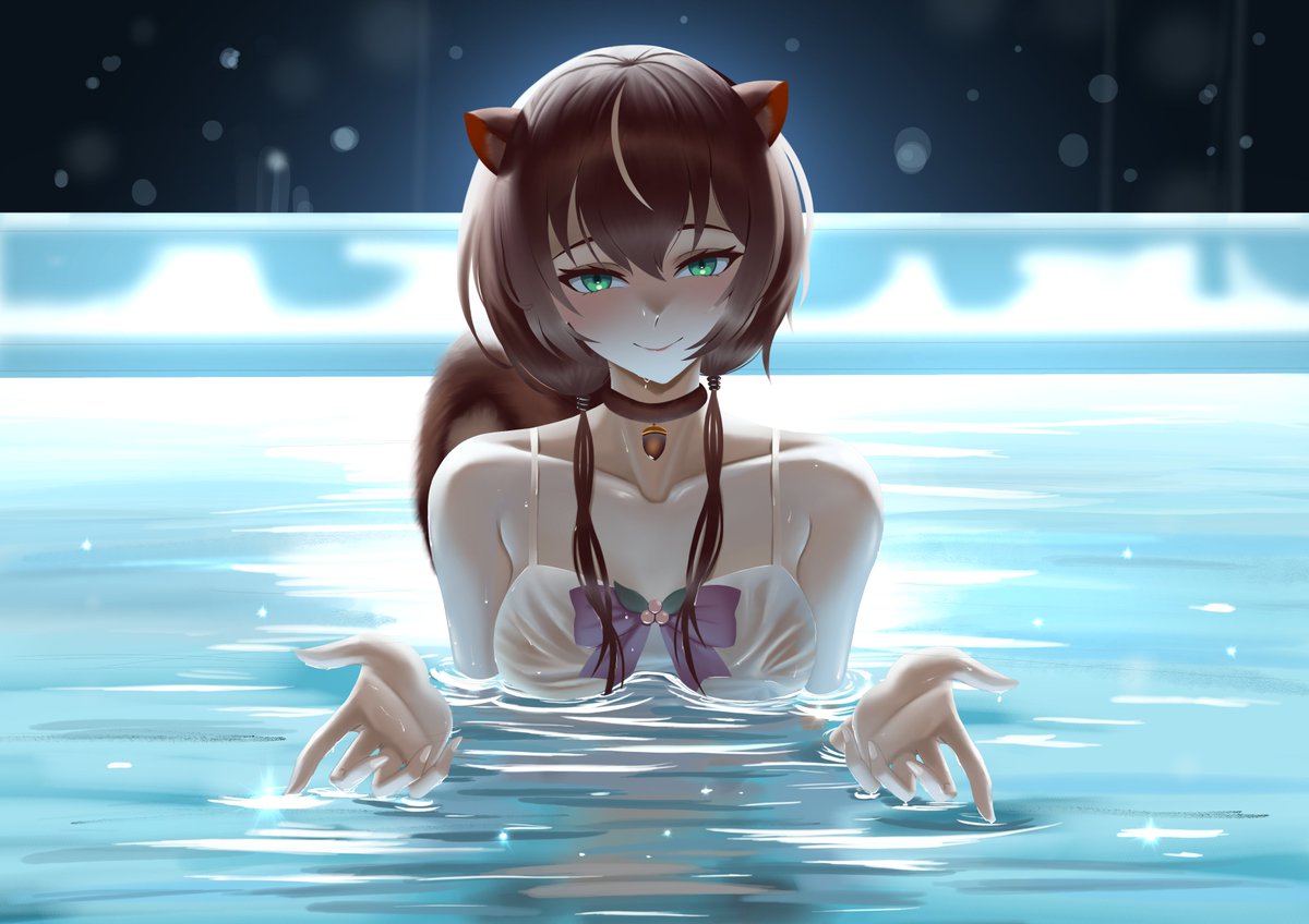 Late night in the pool with Risu...

Maybe anyone can teach Risu how to swim? 😌

Thank you to <a href="/kud4rt/">Kuda 🐴 HJA CF22// march 4/4</a> for the illustration!

This is of course referencing to Reze from Chainsaw Man since the movie is just released here 👍

#iRISUtration