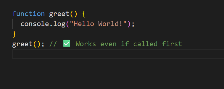 KDhantole44608's tweet image. Javascript Interview prep.
Topic: JavaScript Function Declaration
A function declaration in JavaScript defines a named function within the main code flow. It is a fundamental way to create reusable blocks of code.
#WebDev #JavaScriptTips