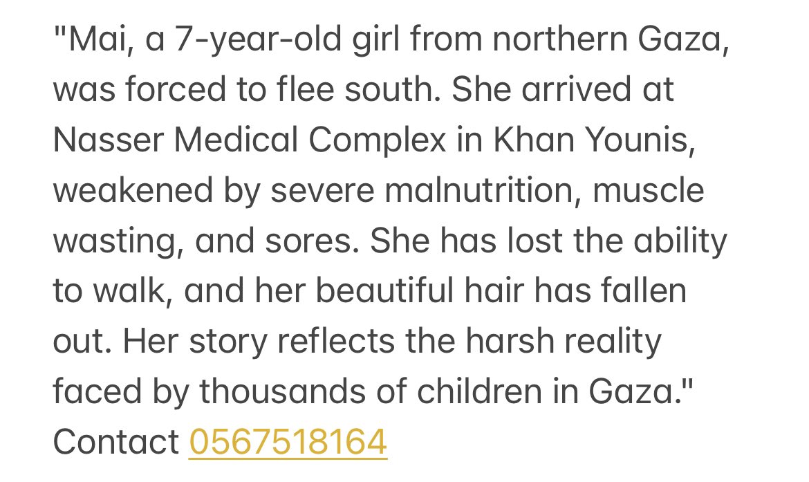 doaa__mohammad's tweet image. &quot;Mai, a 7-year-old girl from northern Gaza, was forced to flee south. She arrived at Nasser Medical Complex in Khan Younis, weakened by severe malnutrition, muscle wasting, and sores.
She has lost the ability to walk, and her beautiful hair has fallen out.