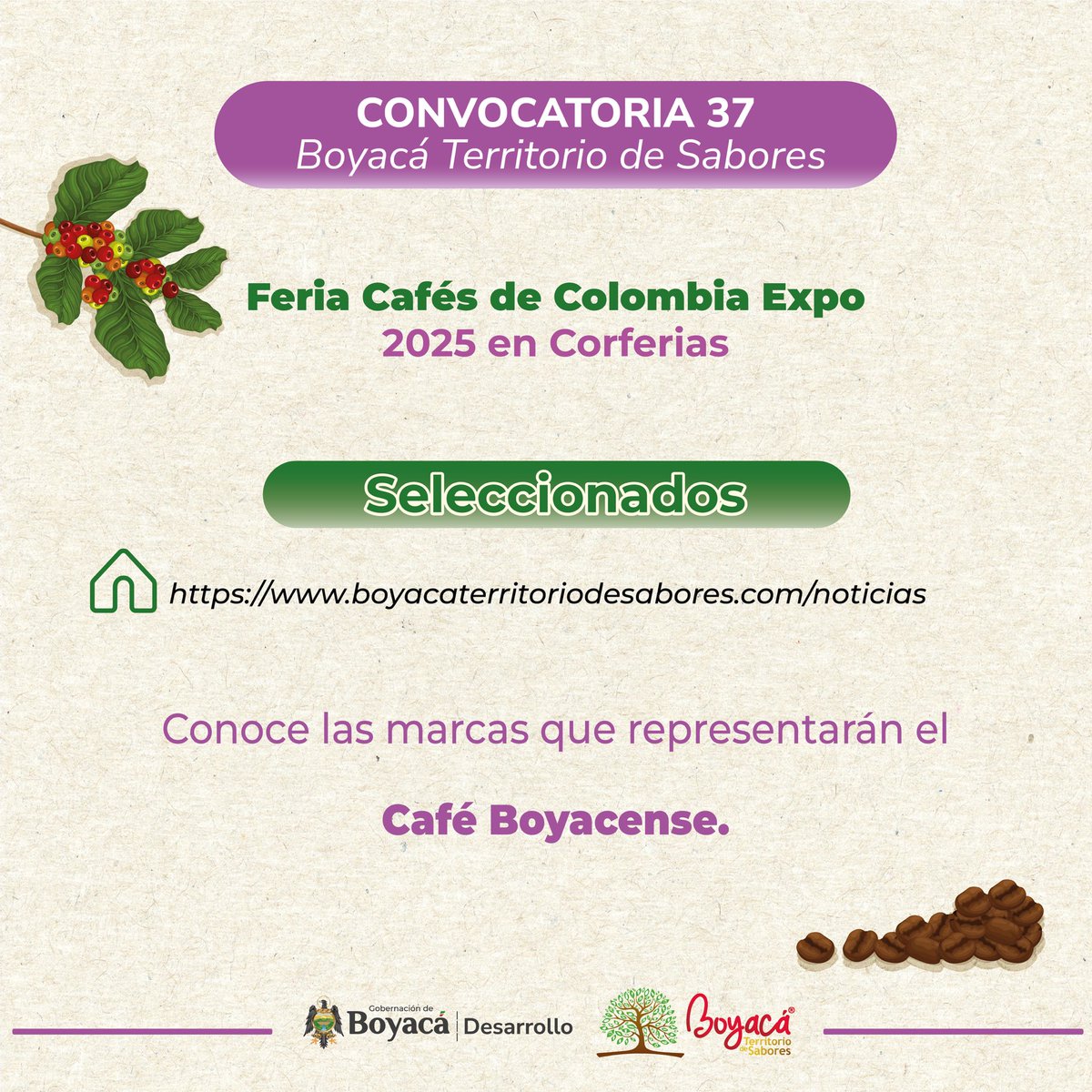 Luego de adelantada la convocatoria 37 #BoyacáTerritorioDeSabores, son 14 las empresas que representarán a Boyacá en la Feria #CafésDeColombiaExpo2025 

Les felicitamos y deseamos éxitos. 

Conoce el listado en boyacaterritoriodesabores.com/noticias/resul… ☕️