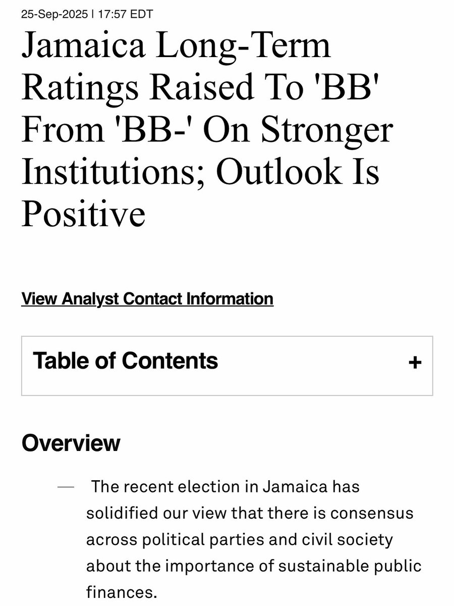 Earlier today, S&amp;P Global Ratings announced an upgrade of Jamaica’s long-term credit rating from BB- to BB, with a Positive Outlook.

This upgrade reflects Jamaica’s sustained debt reduction, a decade of effective and predictable fiscal policy, and continued strengthening of our