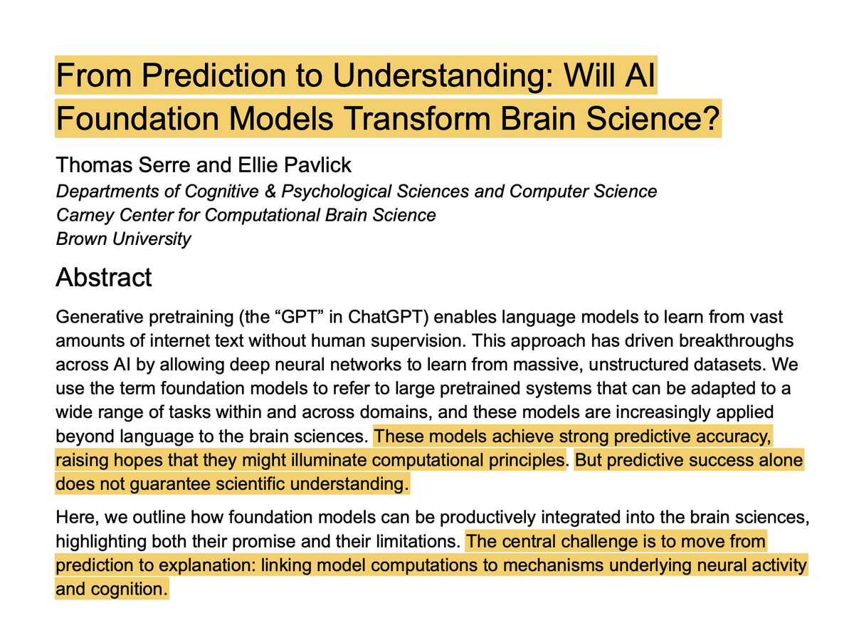 "From Prediction to Understanding: Will AI Foundation Models Transform Brain Science?"

by T. Serre and E. Pavlick

🔗 arxiv.org/abs/2509.17280