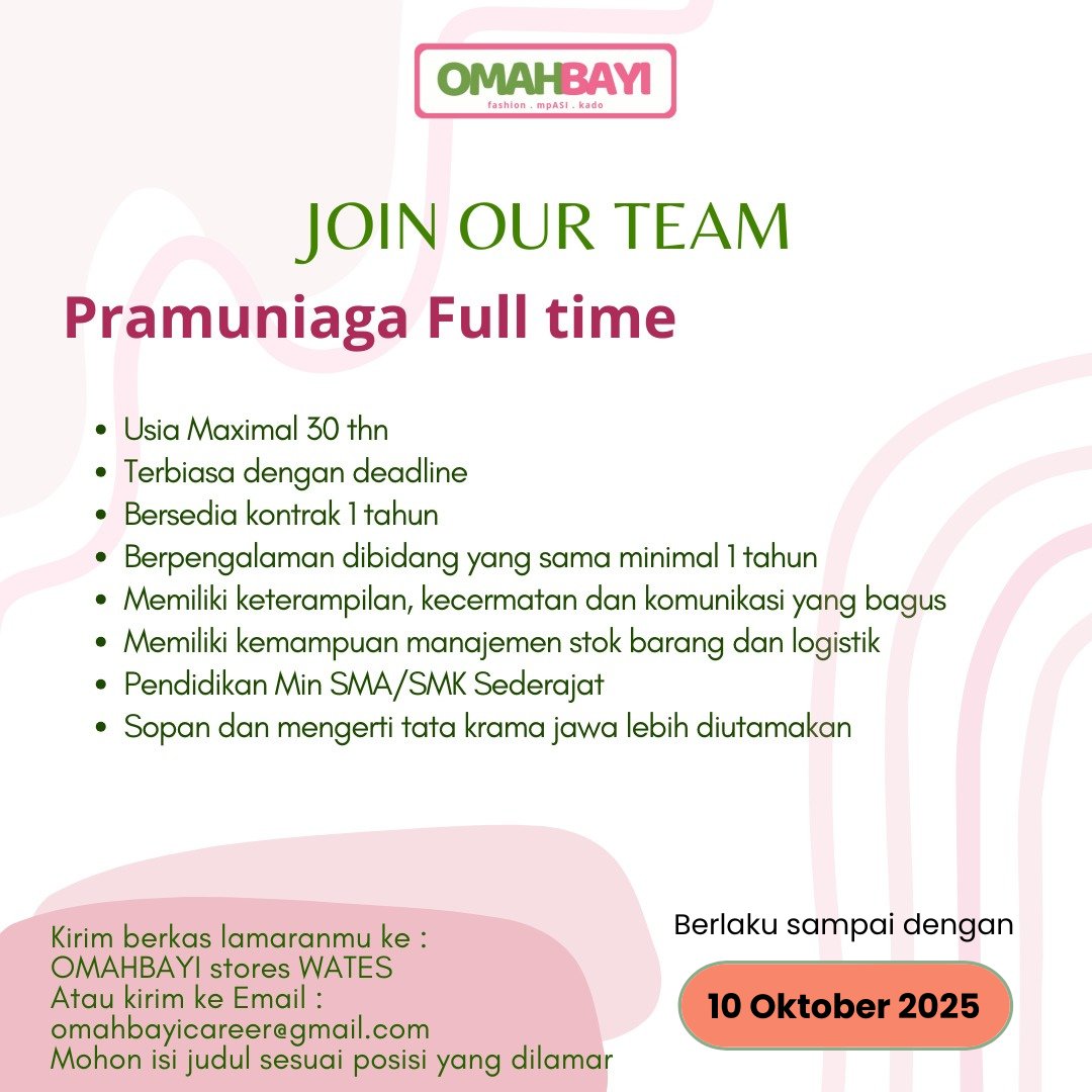 disnakerkp's tweet image. Hai rekan pencari kerja.

Hari ini kami menginfokan lowongan kerja di OMAH BAYI untuk posisi :
~ Admin Online Shop
~ Pramuniaga Full time

Cek kualifikasinya di pengumuman ya

#lowongankerja
#disnakerkulonprogo
#kulonprogo