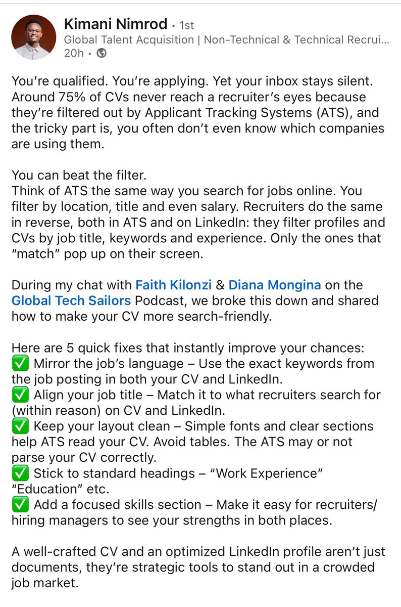 This is why your cv is not beating ATS filters, and what you need to do! 

Full episode youtu.be/QTIoujPB6HI?si…