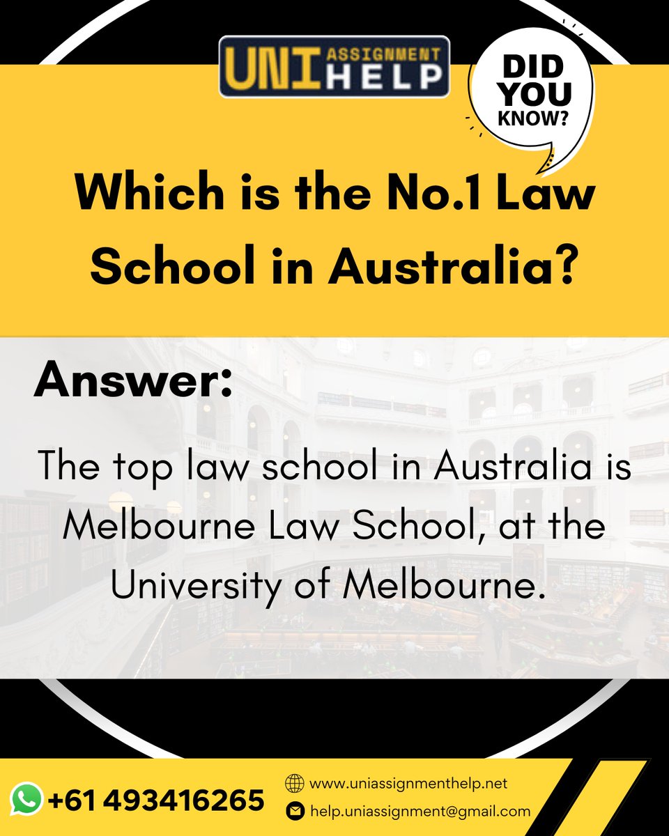 assignmentuni01's tweet image. ⚖️ Did you know?
The No.1 Law School in Australia is the Melbourne Law School, University of Melbourne 🎓📚
Step into the world of justice and leadership with the best in legal education! 💡✨

#LawSchoolAustralia #MelbourneLawSchool #TopLawSchool #StudyInAustralia #FutureLawyers