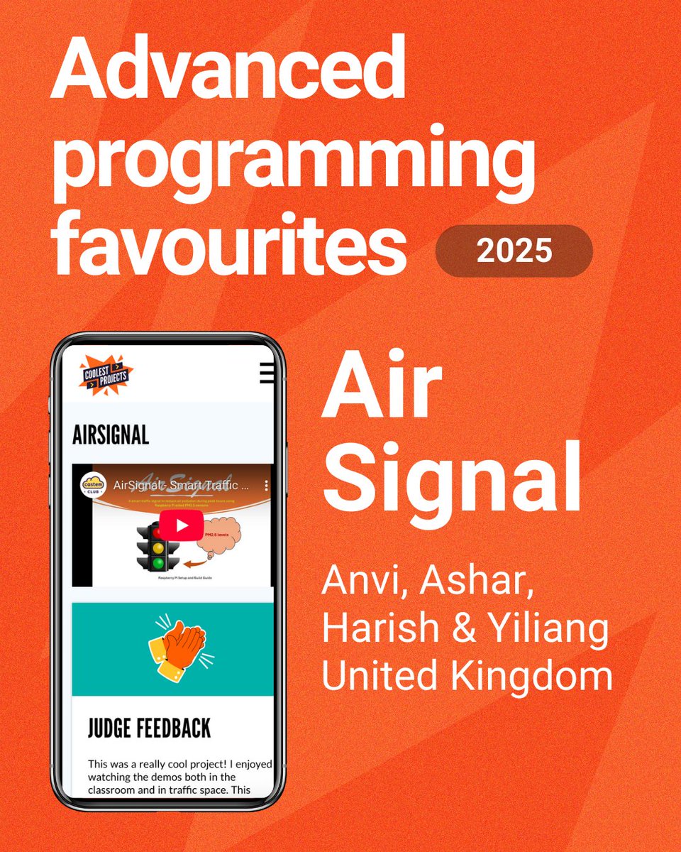 RaspberryPi_org's tweet image. Advanced Programming at #CoolestProjects2025 showed young makers turning code into real-world solutions, from smart traffic systems to custom drones and apps promoting healthy habits.
Take a look at the judges’ favourites 👇
#CoolestProjects #CodingForKids #Advanced