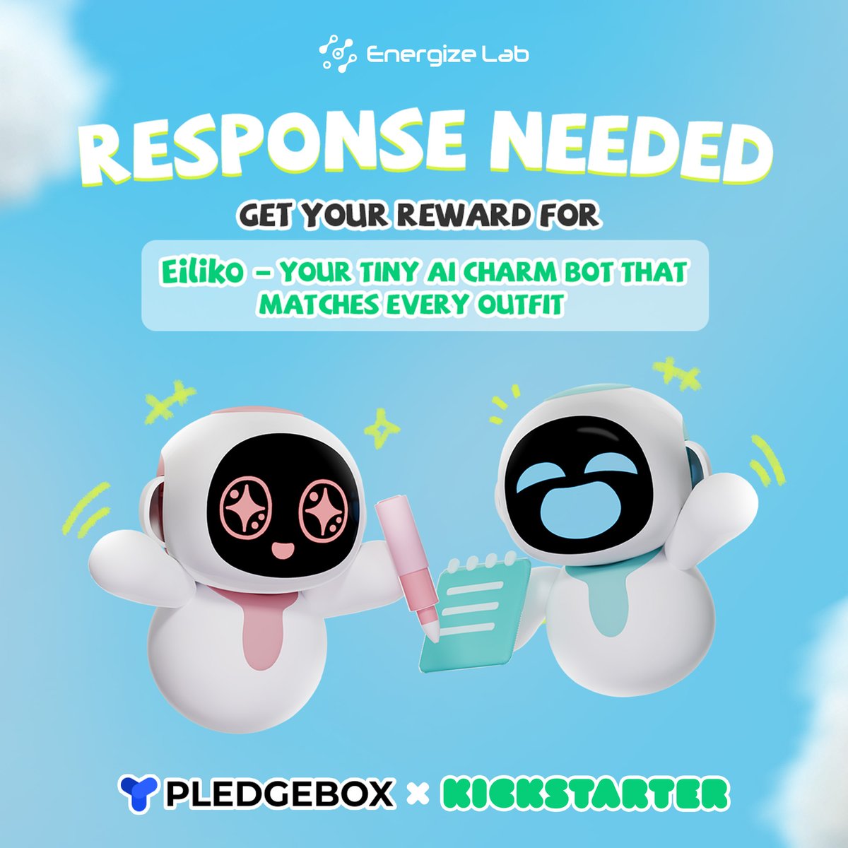 EnergizeLab's tweet image. 📨Eiliko Backer surveys are gradually sent out!
Check email from PledgeBox: Response Needed -- Get your reward for Eiliko - Your Tiny AI Charm Bot That Matches Every Outfit”. 
👉Confirm pledge, pick colors &amp;amp; add extras (KS price!). 
💡Tip: Check the spam box if you don&apos;t see it!