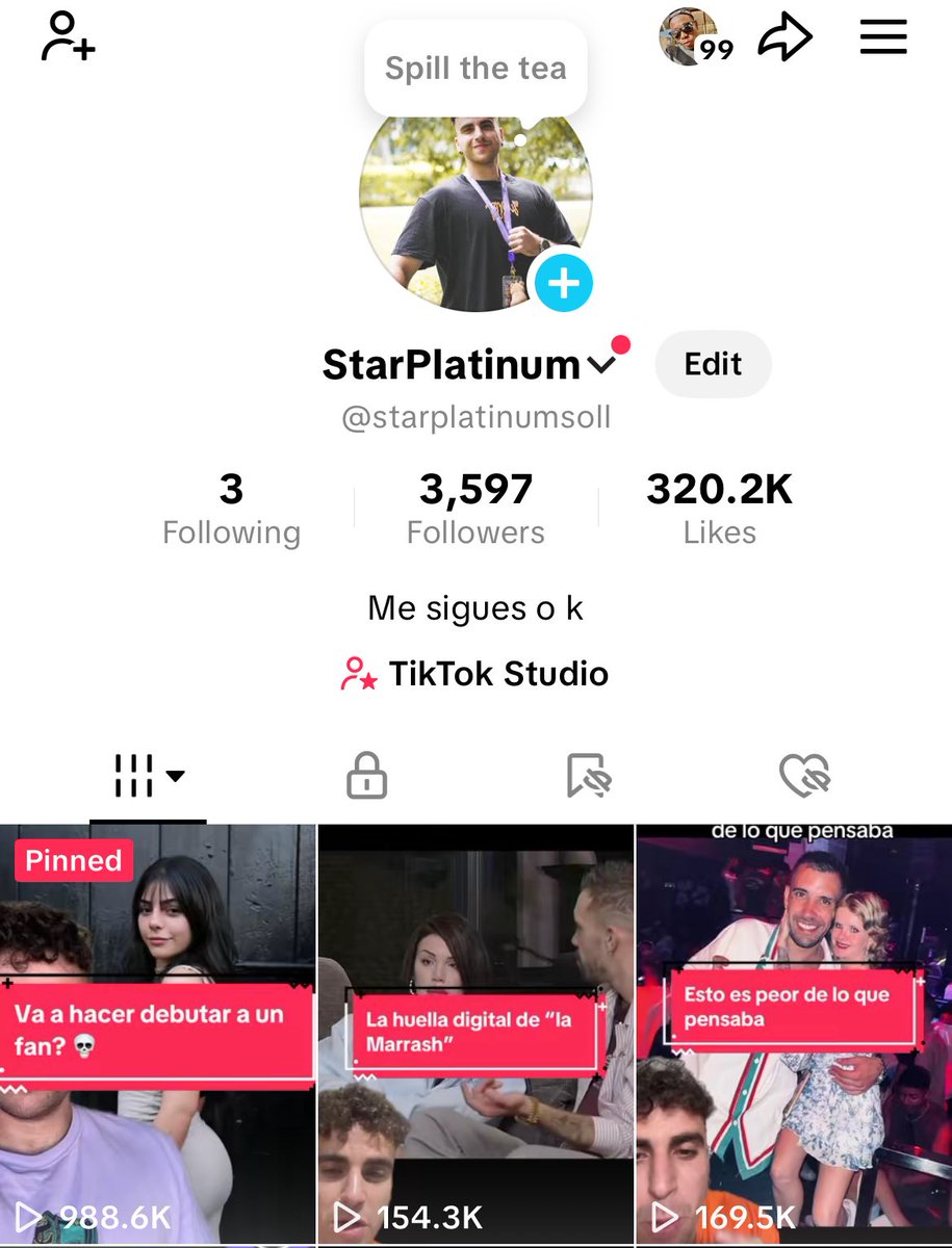 显示 StarPlatinumSOL 的 TikTok 资料截图，展示病毒视频与粉丝增长