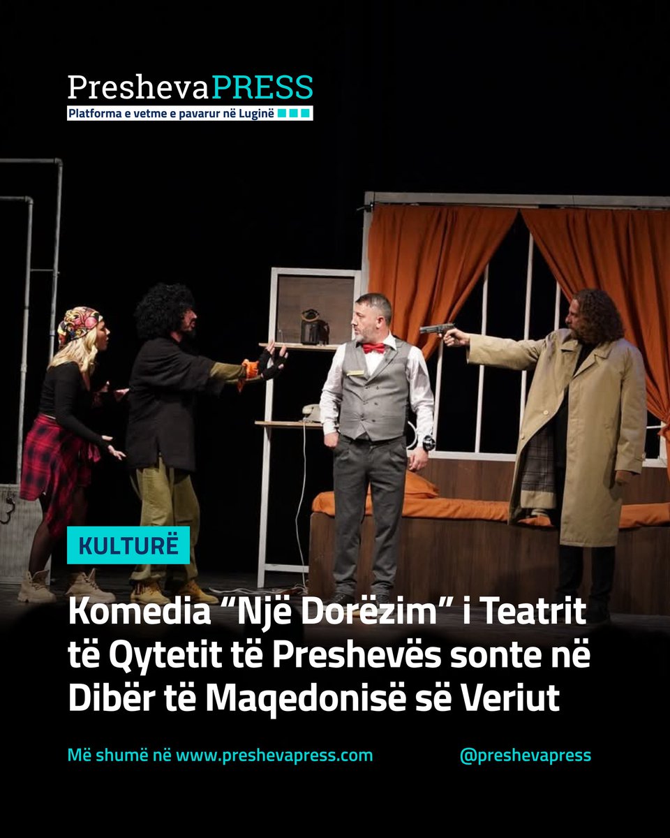 PshPress's tweet photo. Pas një udhëtimi që ka kaluar nëpër skena të njohura të rajonit, Teatri i Qytetit i Preshevës do të ndalet sonte në Dibrën e Madhe, ku do të marrë pjesë në Festivalin e Teatrit Shqiptar në Maqedoni me shfaqjen “Një Dorëzim” të autorit Martin Mcdonaugh, në regji të Afeida Boriçit. https://t.co/QR4i2VAPE6