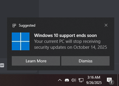 PixeI410's tweet photo. i wonder if ill still get these messeges once support ends constantly telling me to switch to 11 and that 10 is dead https://t.co/bnytcjpa3V