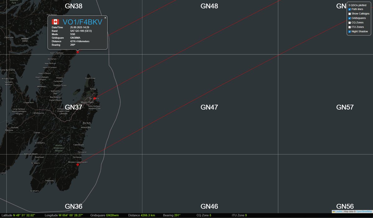 (Once again) it has been proven that NA can access QO-100. <a href="/F4BKV/">Vincent F4BKV</a> activated three gridsquares in Canada 🇨🇦. Sometimes affected by deep fading but at times a real good 59 signal from him. Congrats to the first actications of GN38 and GN36 on QO-100. 
#amsat #hamradio #qo100