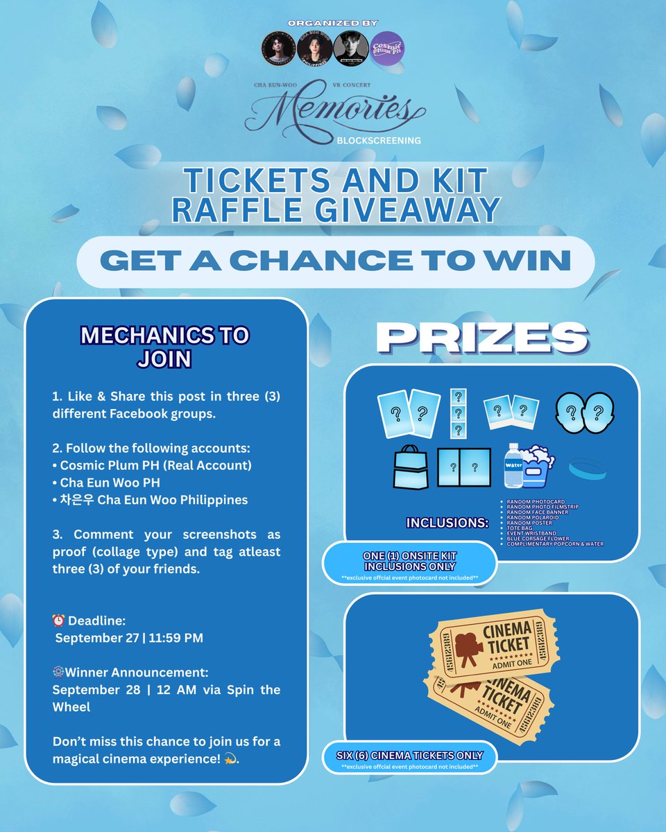 ✨ CHA EUNWOO: MEMORIES IN CINEMA BLOCKSCREENING GIVEAWAY! ✨

We’re giving away 6 Cinema Tickets + 1 Onsite Ticket (❌ excluding official event photocard) 💙🎬