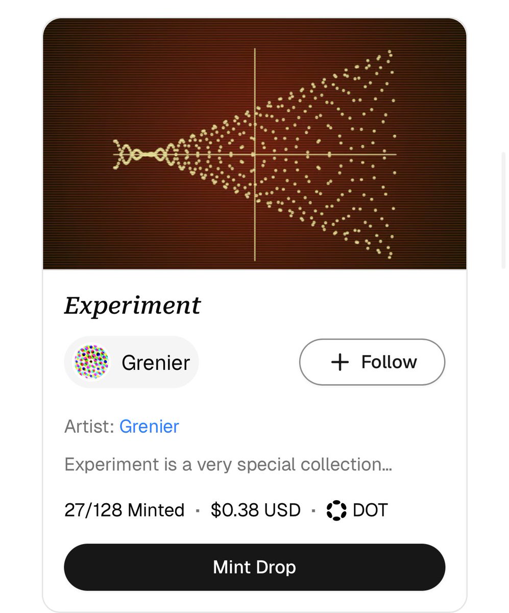 Experiment by <a href="/GrenierStudio/">Grenier Studio</a> still selling on <a href="/ChaoticApp/">Chaotic</a> 
27 minted!
Just 0.1 $Dot on Polkadot asset hub

Just head over to the marketplace and hit the mint button 

Link ⬇️