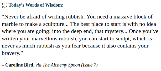 This has to be the best writing advice ever. It is also exactly what I needed to hear today...✍️
Thank you London Writers' Salon <a href="/WritersSalon/">The London Writers' Salon</a> for yet another brilliant Words of Wisdom, giving a gentle reminder that no one starts off as a master...
#WritingCommunity
#WritingLife