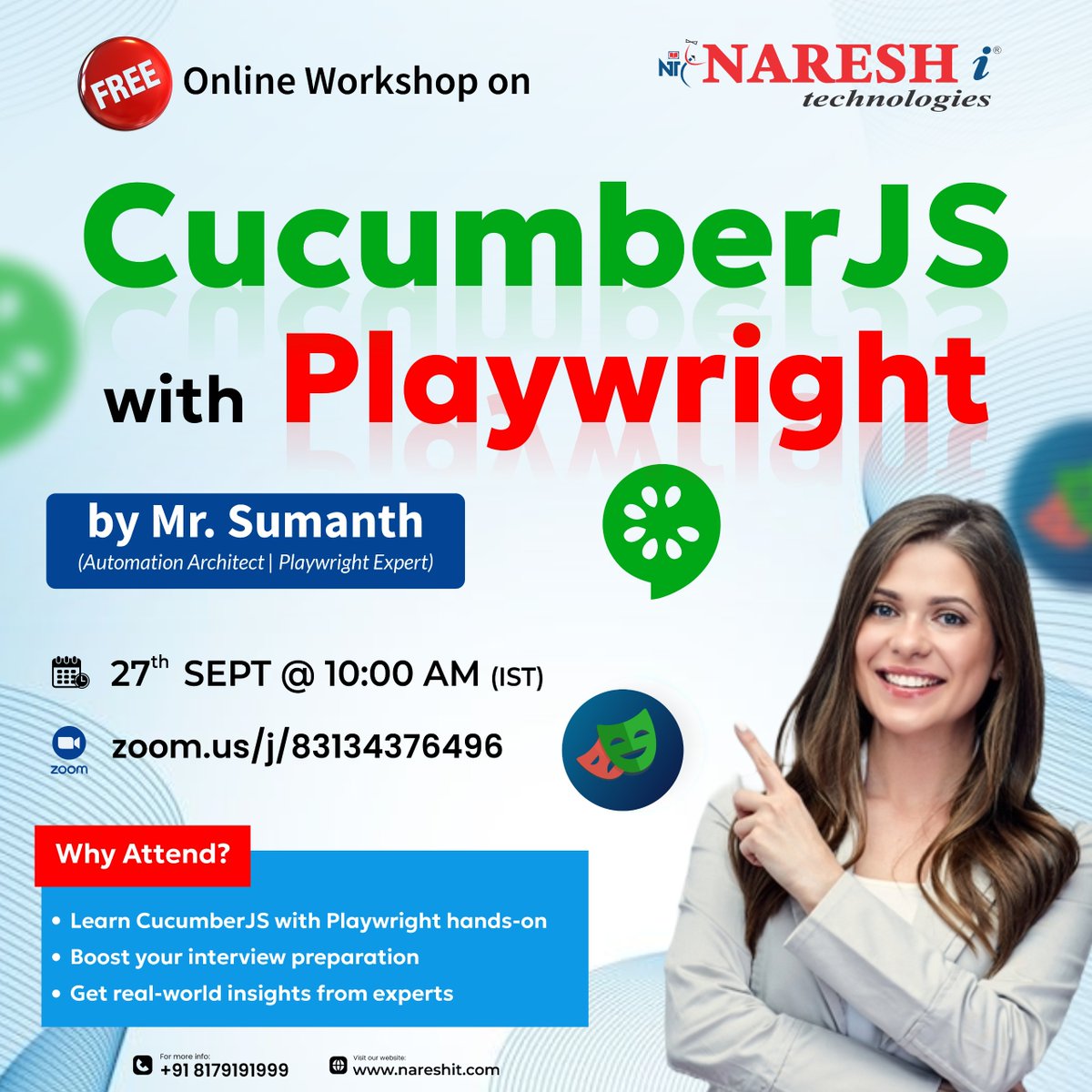 nareshitkphb's tweet image. 🚀 FREE Online Workshop!
Learn CucumberJS + Playwright with hands-on practice & interview prep by Mr. Sumanth.
🔗 Register: t.ly/FWSCJS-27SE
📅 27 Sept | 🕙 10 AM IST
💻 Zoom: zoom.us/j/83134376496
#NareshIT #Playwright #CucumberJS #AutomationTesting #CareerGrowth