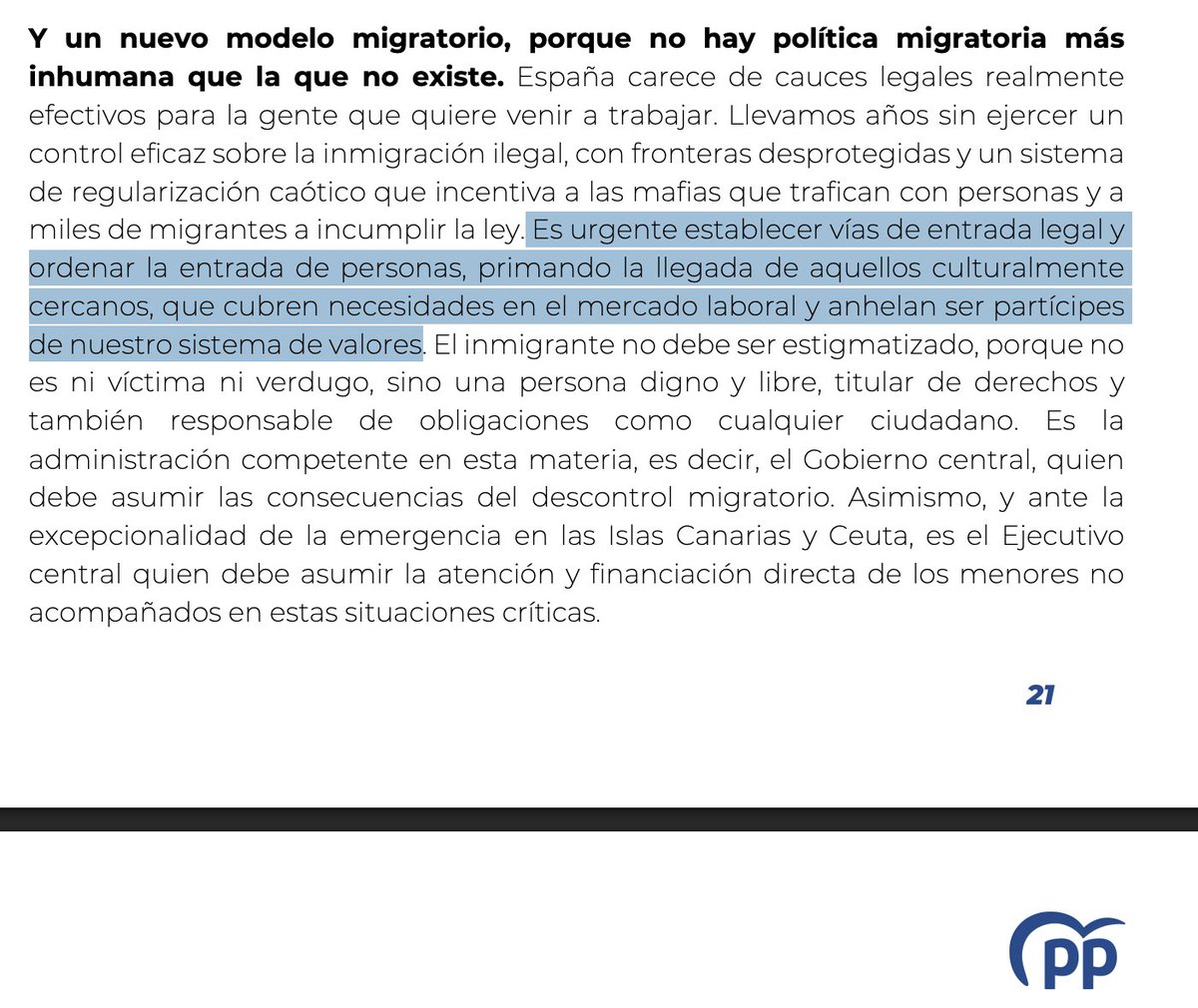 La propuesta de Feijóo de priorizar la inmigración que sea "similar" culturalmente a los ciudadanos de España es una copia del programa electoral de VOX que el PP no tenía en su programa de 2023 y ahora sí recoge. 

Esa propuesta sirve para ver el corrimiento ultra del PP.
