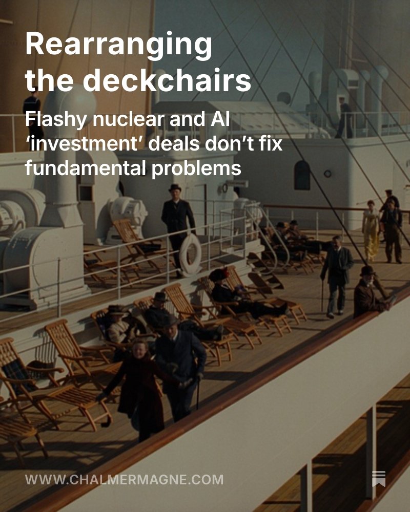 new from me: how a blitz of UK nuclear and AI investment announcements amount to less than meets the eye. 

The corporate and regulatory agreements rolled out during Trump's state visit bulk out ministerial talking points, but need to be matched with policy change. 🧵