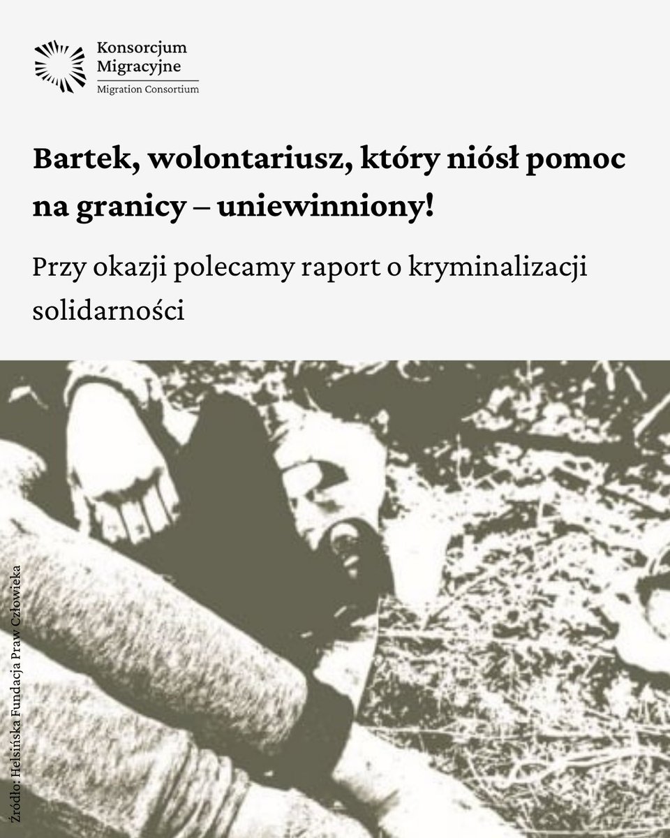 Dobra wiadomość: Sąd Rejonowy w Białymstoku wydał dziś wyrok w sprawie Bartka, wolontariusza, który niósł pomoc na granicy polsko-białoruskiej. Wyrok brzmi: niewinny.

Z tej okazji przypominamy o świetnym raporcie <a href="/hfhrpl/">Helsińska Fundacja Praw Człowieka</a>  i Kolektywu Szpila: hfhr.pl/publikacje/kry…
