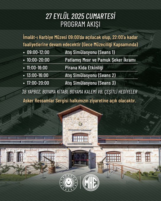 A poster with text and images. Text includes "27 EYLÜL - 28 EYLÜL T.C. KÜLTÜR VE TURİZM BAKANLIĞI ANKARA KÜLTÜR YOLU FESTİVALİ" and event details for September 27, 2025, at MKE İmalât-ı Harbiye Müzesi. Images show a target with a gun, a pool with model boats, popcorn, and a building facade labeled MKE.
