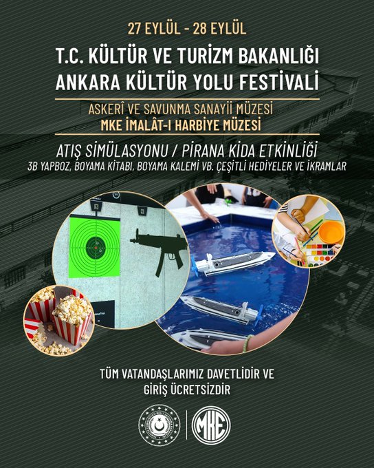 A poster with text and images. Text includes "27 EYLÜL - 28 EYLÜL T.C. KÜLTÜR VE TURİZM BAKANLIĞI ANKARA KÜLTÜR YOLU FESTİVALİ" and event details for September 27, 2025, at MKE İmalât-ı Harbiye Müzesi. Images show a target with a gun, a pool with model boats, popcorn, and a building facade labeled MKE.