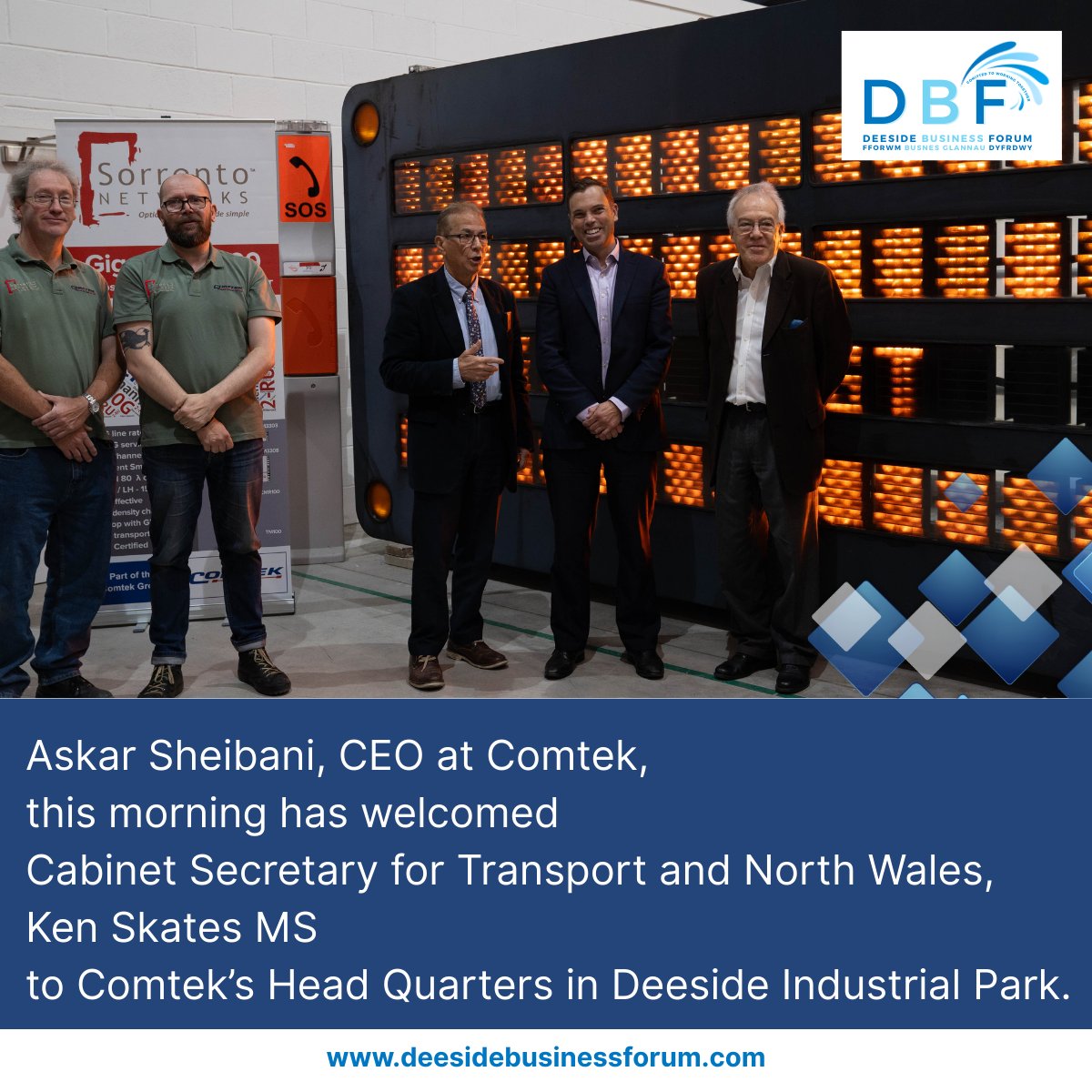 This morning DBF Chairman and CEO of
<a href="/ComtekUK/">Comtek Network Systems</a>,<a href="/askar_Comtek/">Askar Sheibani</a> has welcomed Cabinet Secretary for Transport and North Wales,
<a href="/KenSkatesMS/">Ken Skates MS</a> to Comtek's Head Quarters in Deeside Industrial Park.  

#TrafficManagement #SustainableRepairs #Comtek #CircularEconomy #UKInfrastructure