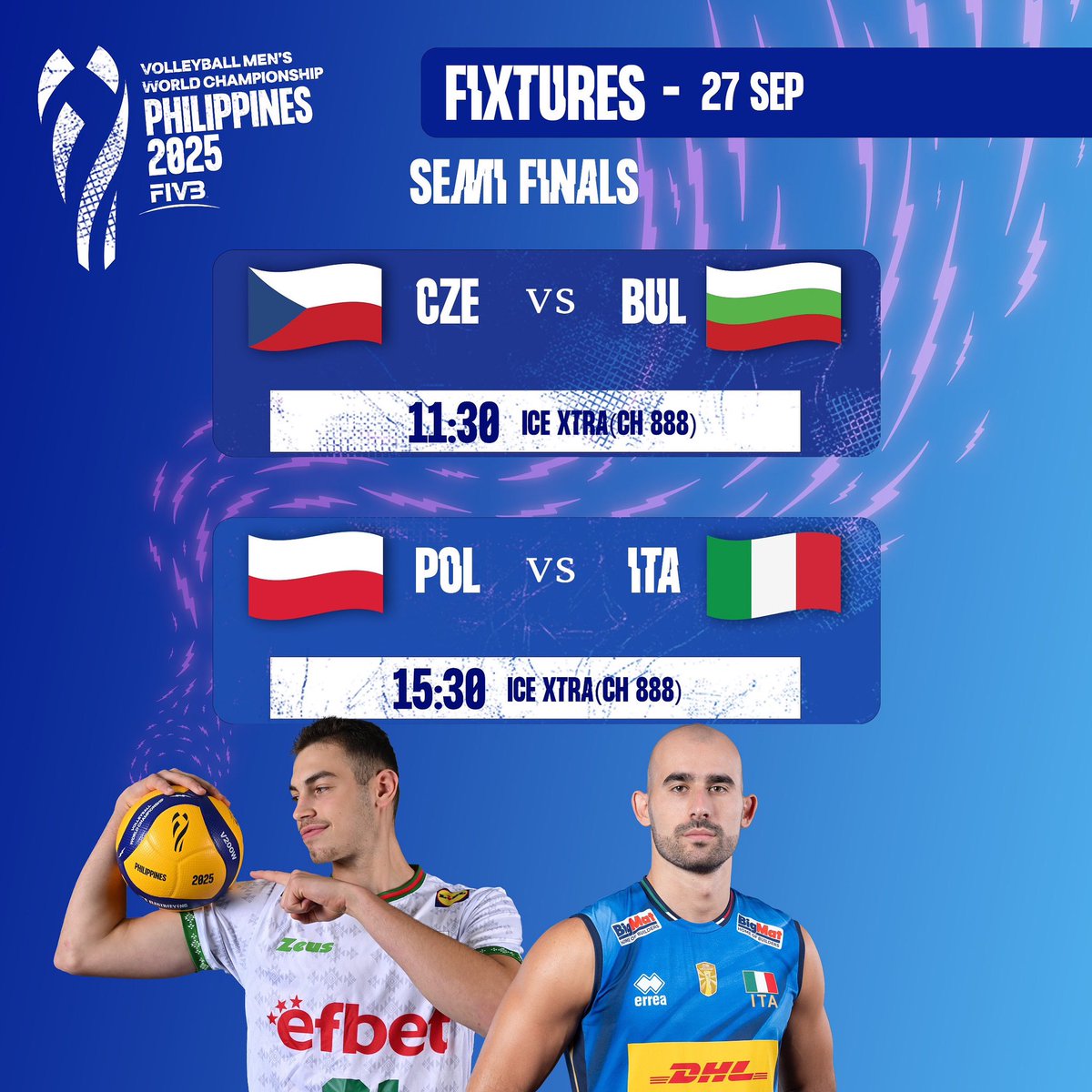 The battle for glory is down to the last 4! 🔥 

The Men’s Volleyball World Championship 2025 semi-finals start tomorrow — which teams will rise to the grand finals? 🏐

Don’t miss tomorrow’s action, live only on ICE Network! 📺