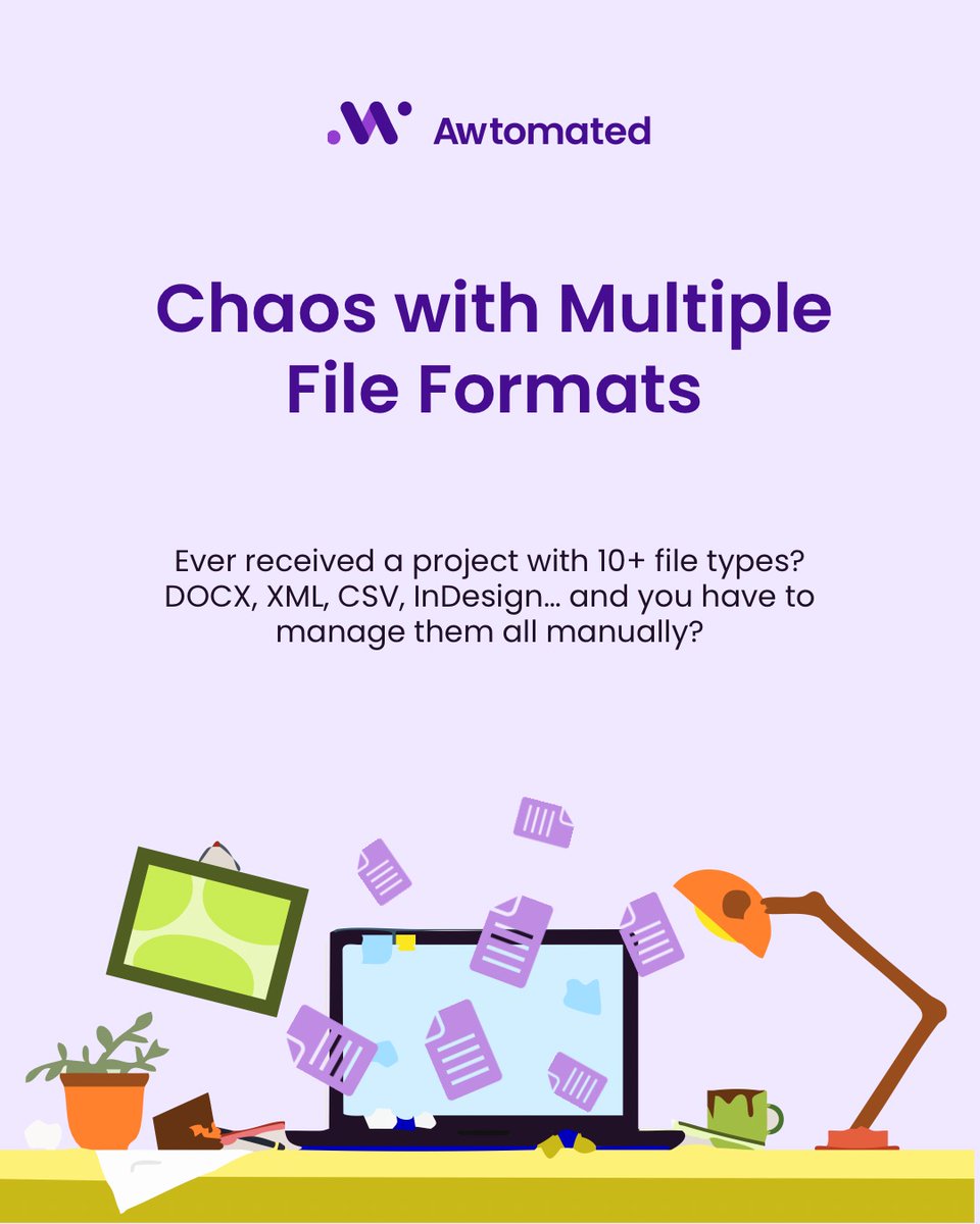 awtomated's tweet image. Meet Julia, a PM at a mid-sized LSP.
100+ files. 15 languages. Tight deadlines. Chaos.
With Awtomated, file formats, updates & deadlines are managed automatically - no more spreadsheets, no more stress
Translation projects, simplified. awtomated.com
#TMS #fileformat