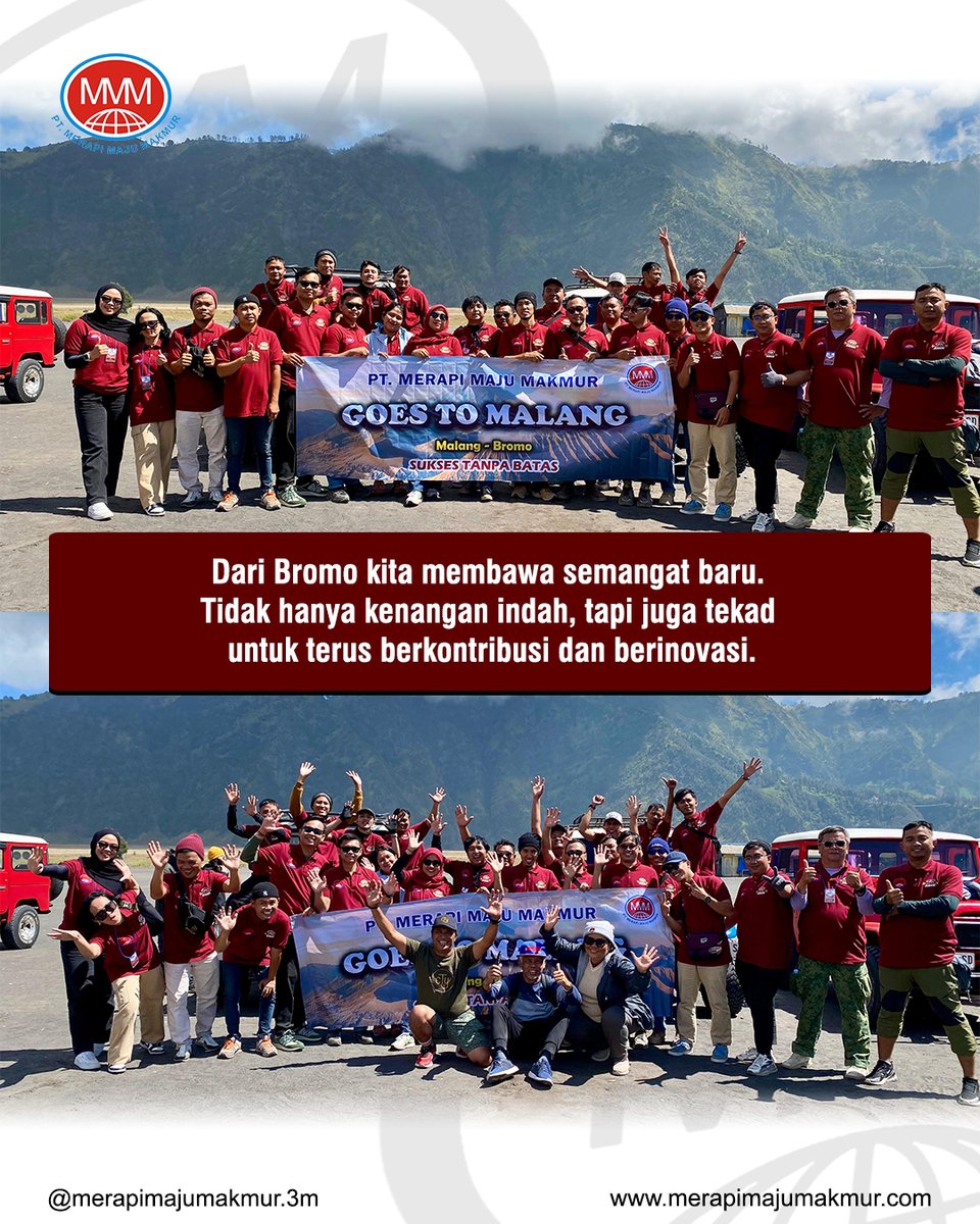 MerapiMJMkmr's tweet photo. Perjalanan ke Gunung Bromo bukan sekadar wisata, tetapi simbol perjuangan, kekompakan, dan semangat yang menguatkan langkah kita bersama. Dari bawah hingga puncak, kami belajar bahwa kesuksesan hadir dari kesabaran, konsistensi, dan kerja sama.

#triptobromo #ptmerapimajumakmur https://t.co/hsCWdd5ZxA