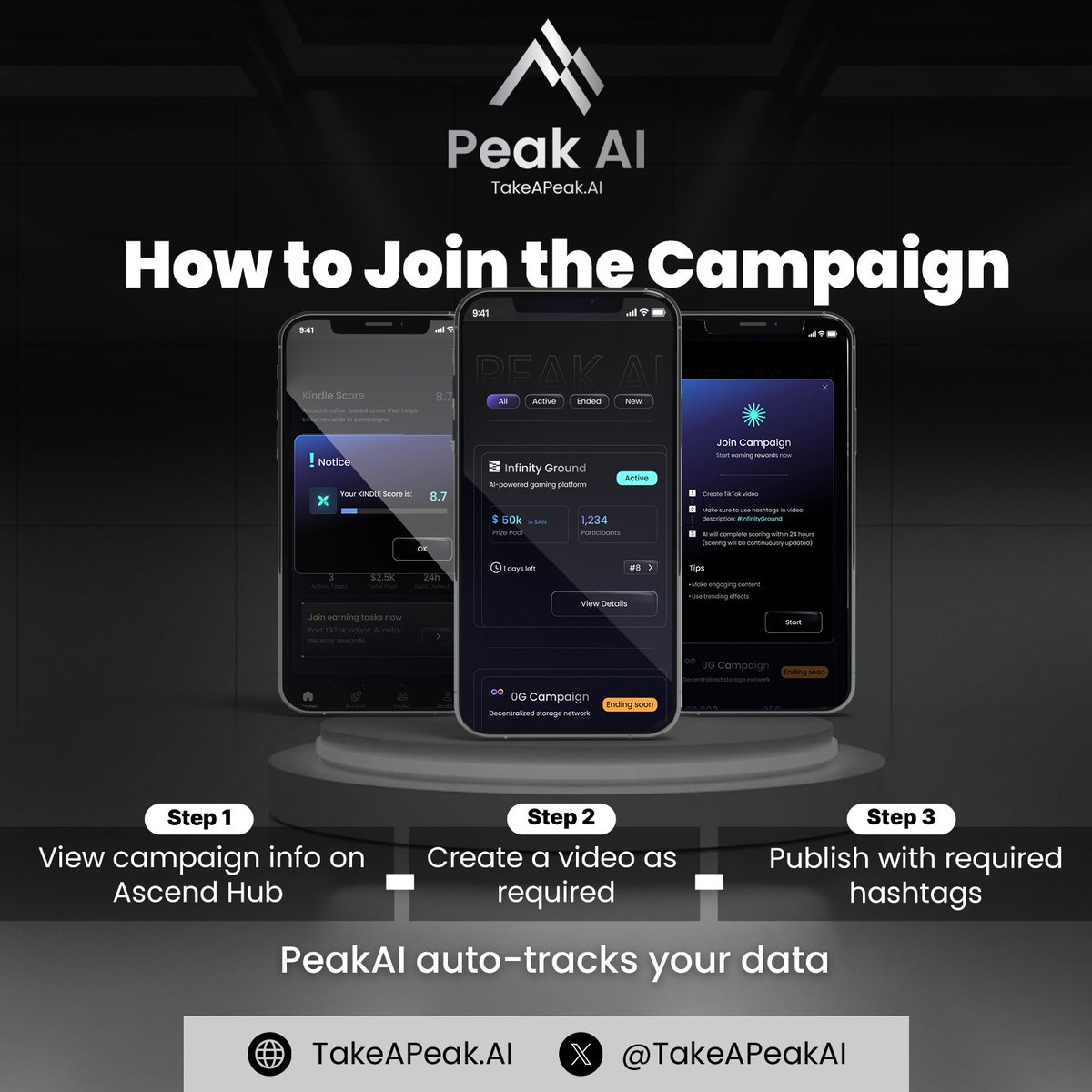 TakeAPeakAI's tweet image. Want to join a PeakAI campaign? 🎬

It only takes 3 simple steps:
1️⃣ View campaign info on Ascend Hub
2️⃣ Create your video
3️⃣ Publish with the required hashtags

That’s it — PeakAI auto-tracks everything for you.

Bring your TikTok creativity to PeakAI — join a campaign and let…
