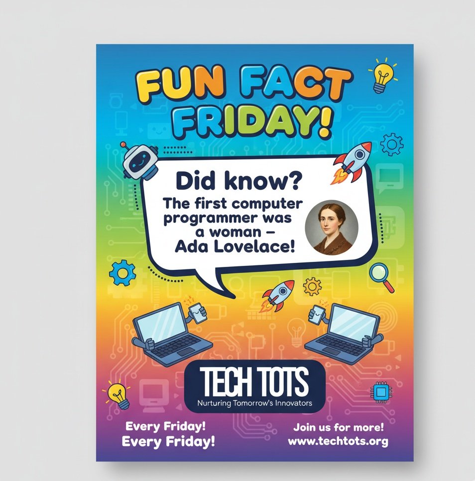 TechTotsGen's tweet image. 💡 Fun Fact Friday!
The first computer programmer in history was a woman  Ada Lovelace.  
At TechTots, we believe the future of tech starts young! 👩‍💻👦👧  

#TechTots #FunFactFriday #STEMkids #AdaLovelace #FutureInnovators #TechEducation