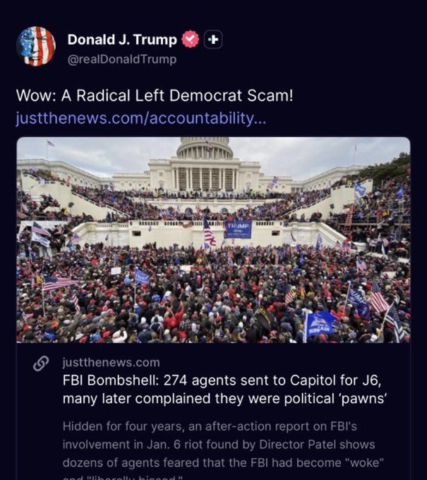 A large crowd of people gathered on the steps of the U.S. Capitol building. American flags and protest signs are visible among the crowd. The text overlay includes "FBI" and "January 6".
