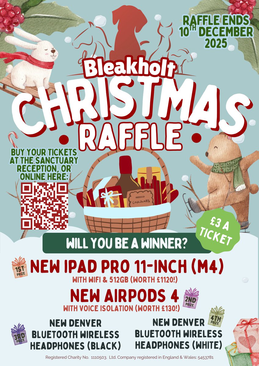 🥳Christmas Raffle, incredible prizes kindly donated by N Brown❤️⭐️New iPad Pro 11-inch (M4) worth £1,120⭐️Apple AirPod 4 worth £130⭐️2 X Denver Bluetooth Wireless Headphones (black &amp; white). Tickets £3 ea online: square.link/u/P6in7Rwf Closes 10 Dec so good luck! <a href="/BleakholtF/">Bleakholt sanctuary farm and small animals.</a>