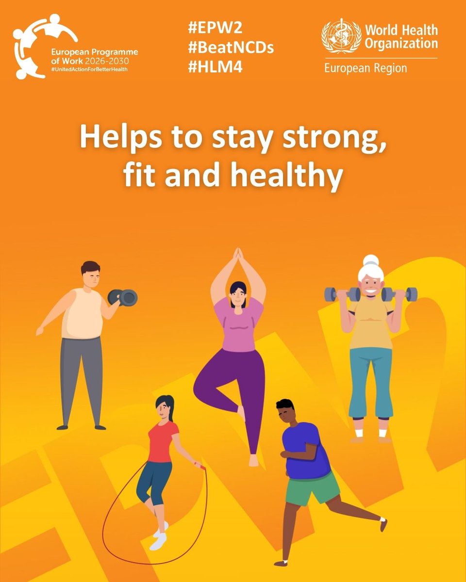 WHO_Europe's tweet image. Are you aware of the many benefits regular physical activity can bring? 

By incorporating physical activity into your routine, you can take a vital step towards improving your overall health and well-being.

Let's prioritise movement for a healthier future! 💪🏃‍♀️

#BeatNCDs #EPW2
