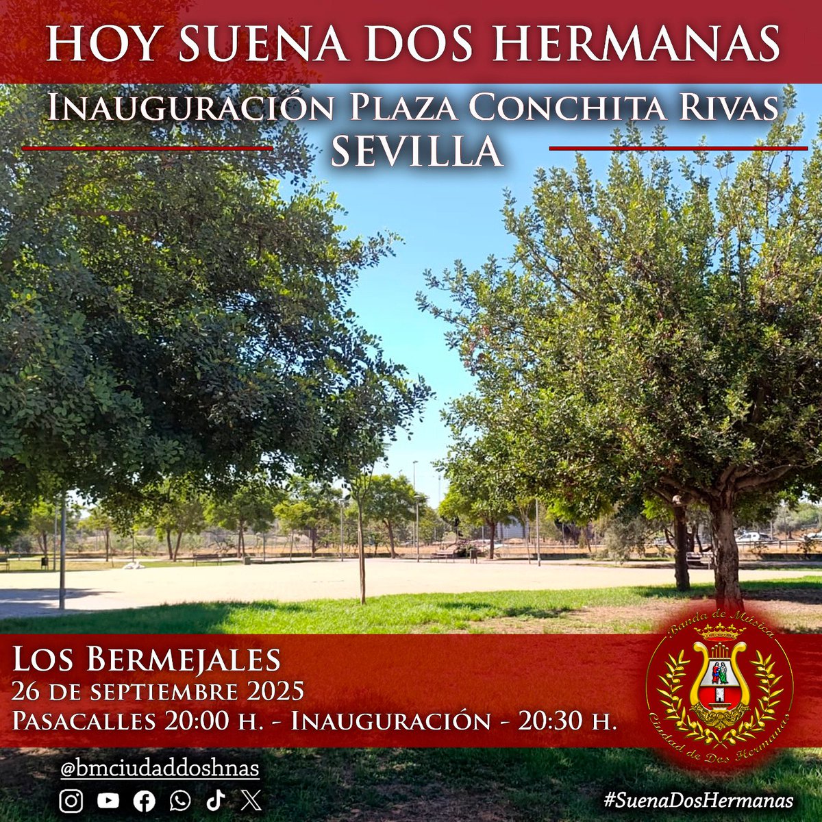 HOY SUENA DOS HERMANAS! 
A las 20:30 participaremos en la Inauguración de la plaza Conchita Rivas en honor a la histórica líder vecinal de la Bermejales 2000.  Ubicada en la confluencia de la Avenida de Irlanda con la calle Estonia. Pasacalles previo a las 20:00
#SuenaDosHermanas