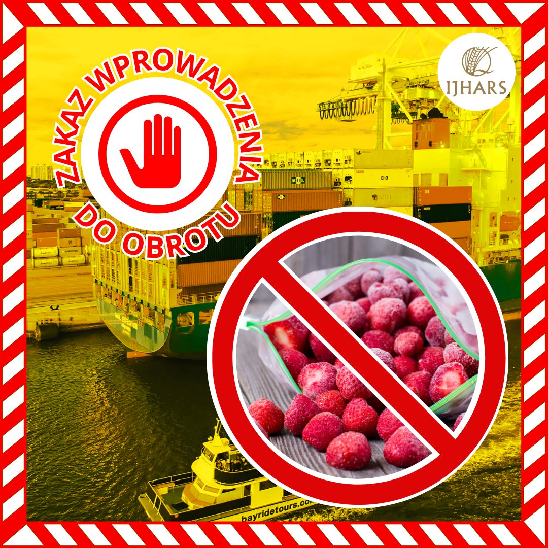 #IJHARS w Gdańsku wydał decyzję o zakazie wprowadzenia do obrotu na teren Polski partii truskawek mrożonych o łącznej masie 22 ton, importowanych z Egiptu, ze względu na liczne ślady wcześniejszego rozmrożenia. 
Decyzji nadano rygor natychmiastowej wykonalności. 🚫🚢 🇵🇱