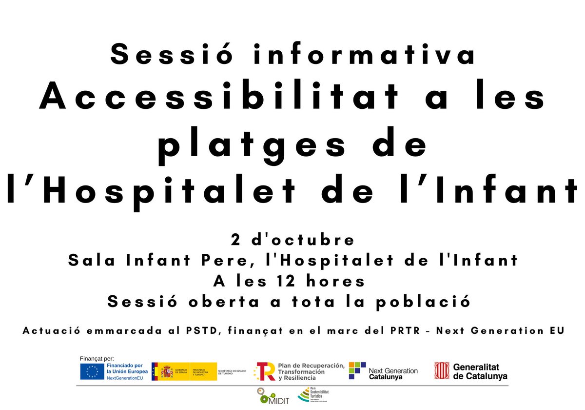 El dia 2 d'octubre a les 12h, a la Sala Infant Pere a l'Hospitalet de l'Infant, es portarà a terme una Sessió oberta a tota la població per tal d'exposar els resultats de tota la feina feta per l'equip tècnic