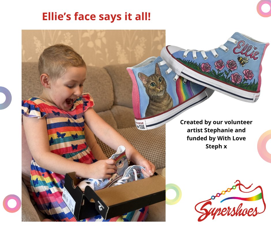 Thank you for Ellie's Supershoes! She is thrilled with them and will treasure these beautiful shoes forever. This gift has brought her so much joy, and she can't wait to show her friends. Thank you from the bottom of our hearts."  
Ellie's mum.