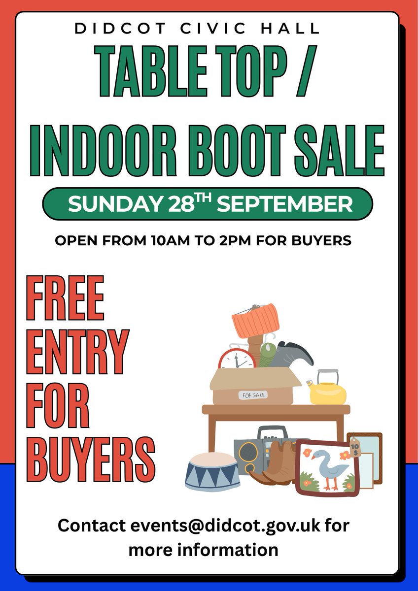 Join us THIS SUNDAY at #didcotcivichall for an Indoor Boot Sale/ Table Top Sale 

FREE ENTRY for buyers