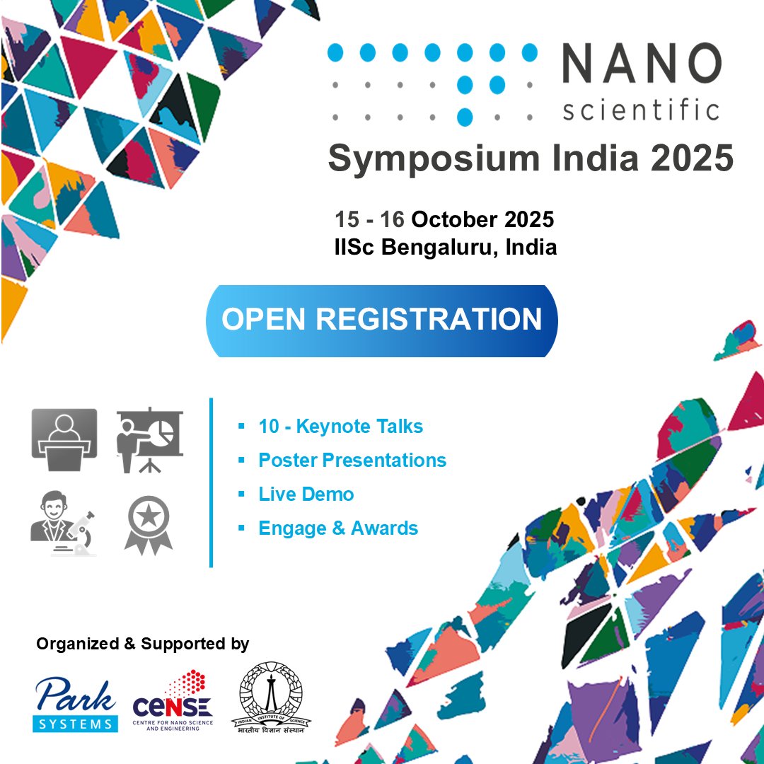 NANOscientific Symposium India 2025 🎉
 🔬 2-day hybrid event on SPM &amp; Nanoscience with focus on Semiconductor apps.
 📍 IISc Bengaluru
 📅 Oct 15–16, 2025
Join global researchers &amp; innovators to connect &amp; showcase cutting-edge research!
 
🔗 Register: okt.to/RnQXfE