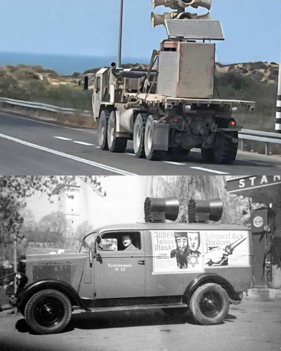 The photo shows Israeli army trucks with loudspeakers broadcasting Netanyahu’s speech to displaced Gaza residents.
Where did the Israeli army get this idea?
From the Nazi German army, which spread Hitler’s propaganda in concentration camps.