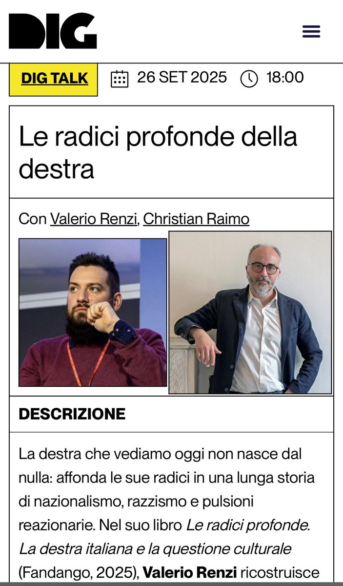 ci vediamo alle 18.00 a Modena al DIG festival con <a href="/christianraimo/">christian raimo</a> per parlare de “Le radici profonde” (<a href="/FandangoLibri/">fandangolibri</a>)

dig-awards.org/eventi/2025-ra…