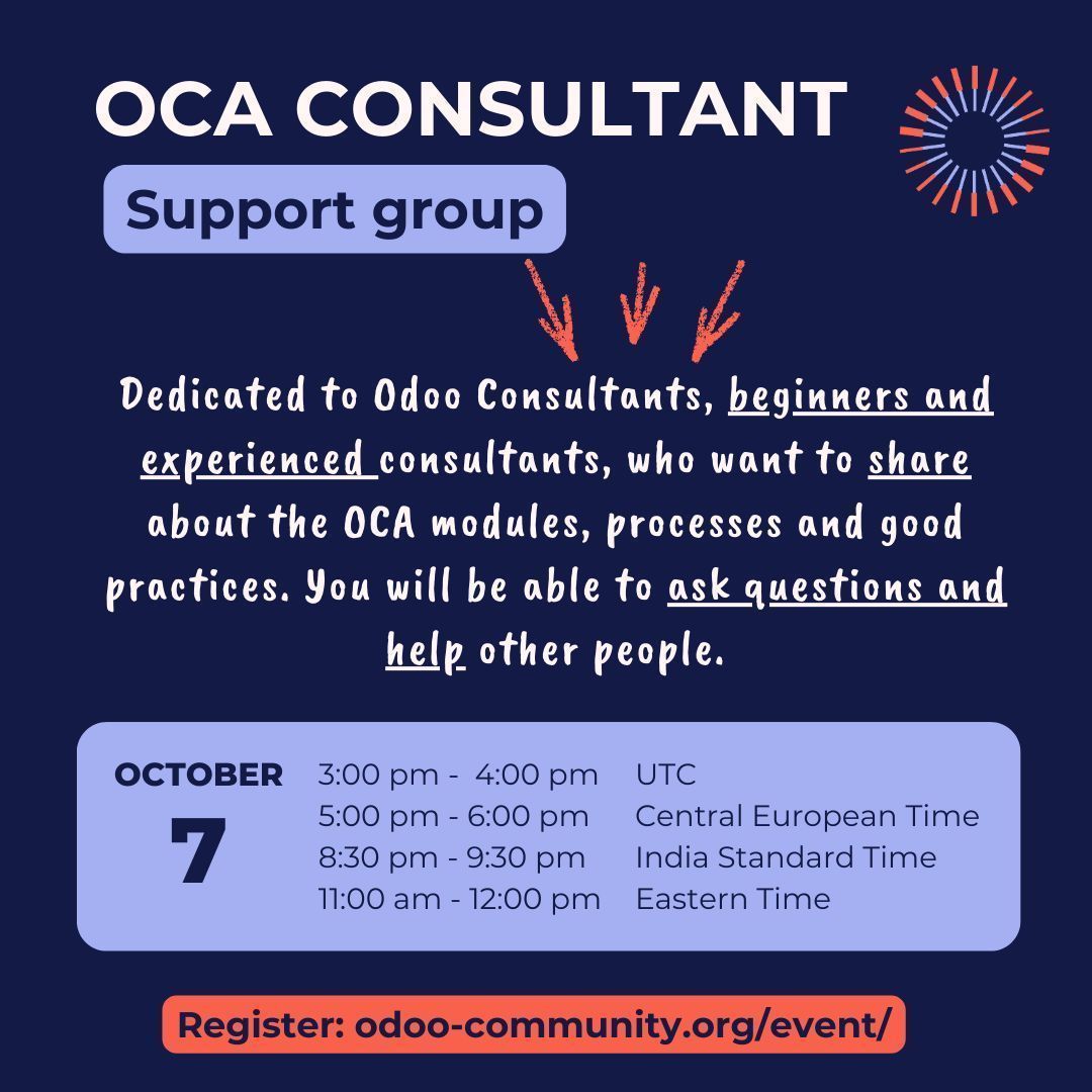 Are you aware that we're launching new support group meetings for consultants? 

Whether you're new and eager to learn or an experienced #Odoo consultant ready to share your insights, come join us!

⏰  October 7, 2025 at 3:00 pm UTC

Register here : buff.ly/meU8Pov 
#OCA