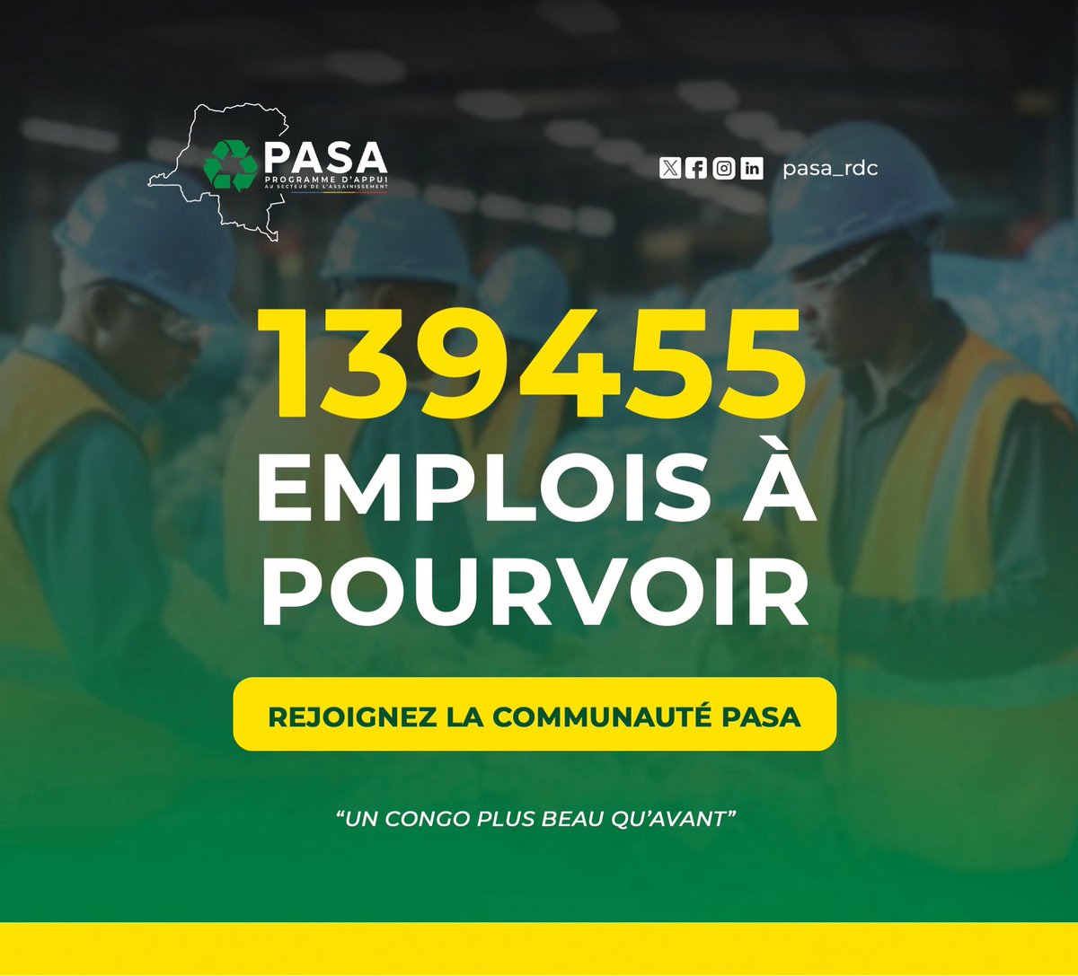 Pasa_rdc's tweet image. 139 455 emplois à pourvoir !

Rejoignez la communauté PASA pour « Un Congo plus beau qu’avant »! 

📲 Rejoignez notre chaîne WhatsApp et soyez les premiers informés des offres et initiatives:

🔗 lnkd.in/dXEibnZP

#Emploi #Opportunité #Carrière #PASA #RDC #WhatsApp