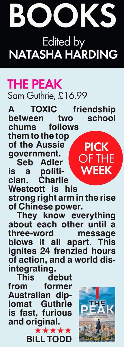 THE PEAK, Sam Guthrie's debut of love, hate and politics, is a razor-sharp, stand-out thriller. Here's my review in <a href="/natashahwrites/">natashahardingwrites</a>'s #sunbookscolumn today - #CrimeFiction #crime #thriller #MYSTERY #fiction #books #Reviews #BookReview #fridayreads #BookOfTheWeek #PickOfTheWeek