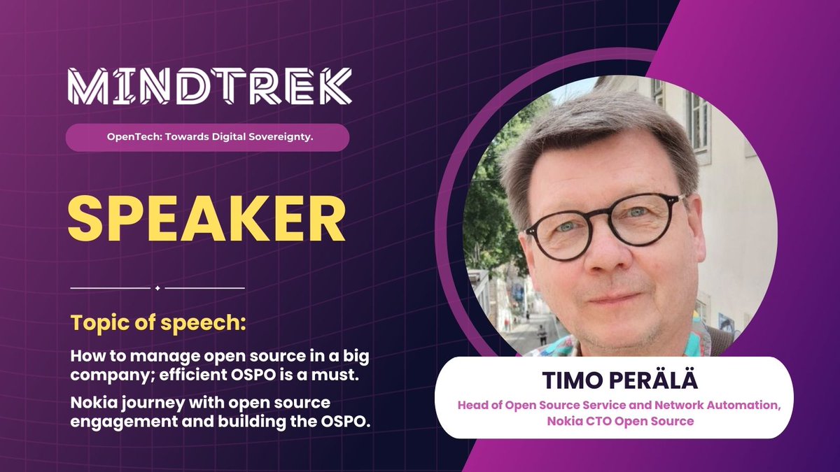 🎙️Speaker Announcement!

It is our pleasure to announce Timo Perälä (Head of #OpenSource Service &amp; Network Automation, <a href="/nokia/">Nokia</a> CTO Open Source) as a Speaker for the upcoming #Business track at #Mindtrek25!

Join us on Tue 7th of Oct to learn more from Timo: mindtrek.org/speaker/timo-p…